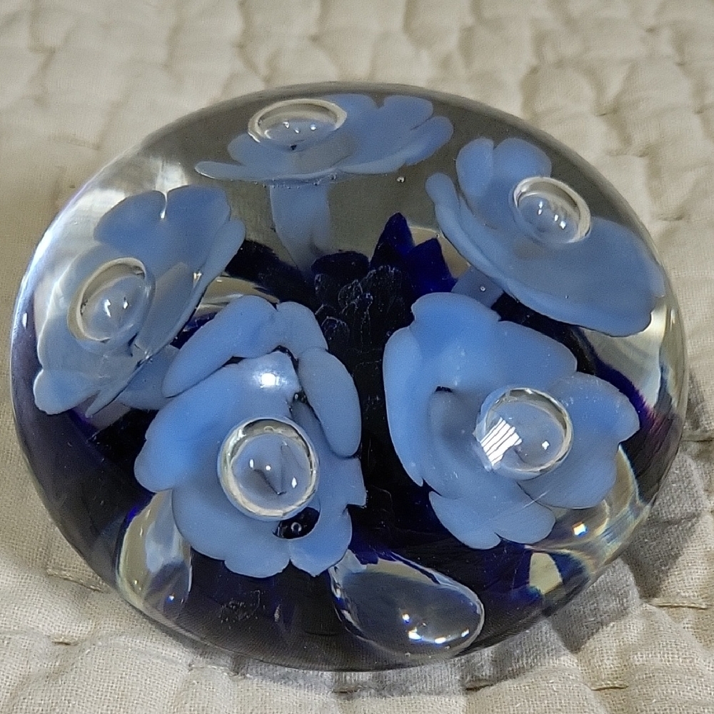 Vintage Joe St. Clair #84 Elegant Blue Floral Glass Paperweight
